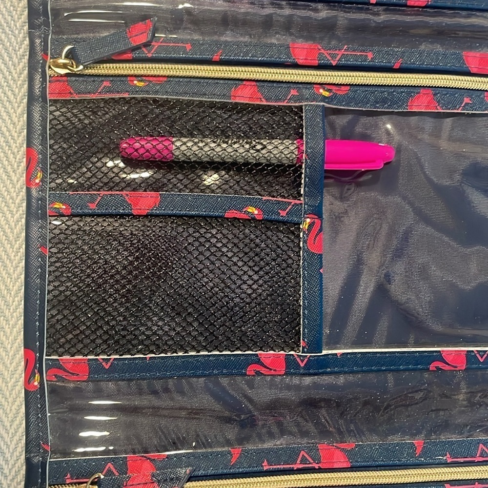 Dabney Lee Navy and Pink Flamingos Hanging Travel case. New Without Tags. - Picture 8 of 9